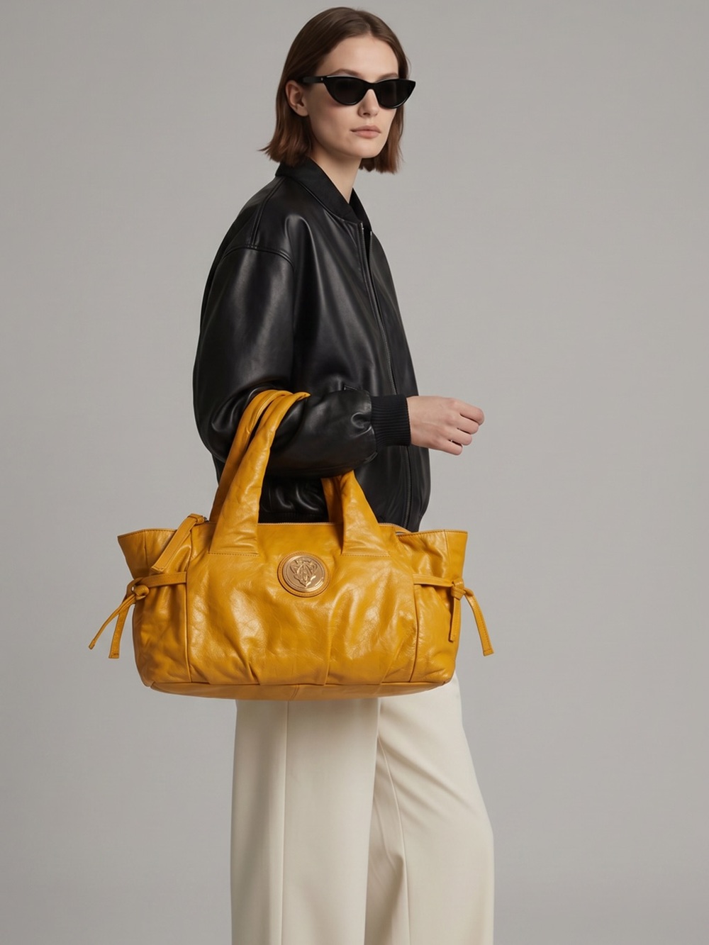 Gucci Bright Yellow Leather Shoulder Bag with Round Logo Medallion